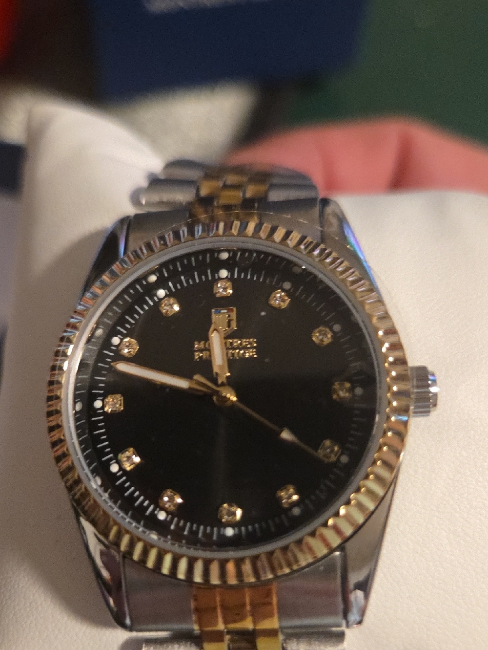 Women’s Two-Tone Black Dial Dress Watch with Crystal Markers